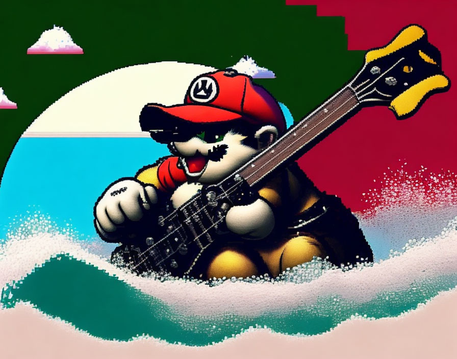 Vibrant vaporwave Mario playing electric guitar art.