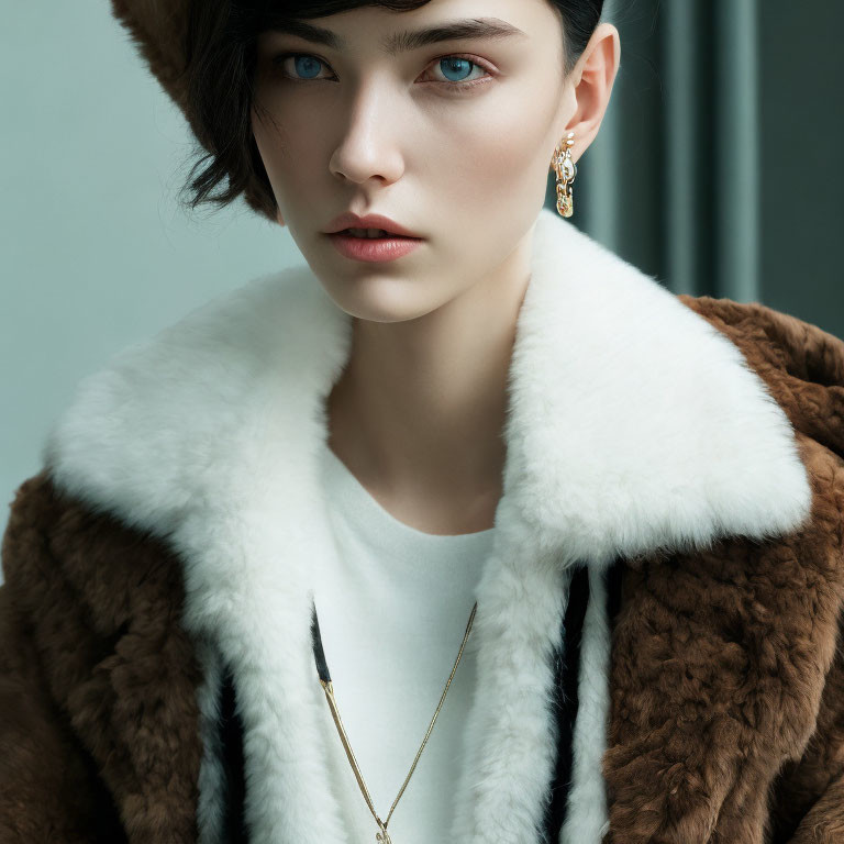 Fashionable person in white and brown fur coat with gold necklace and stylish earring gazes at camera