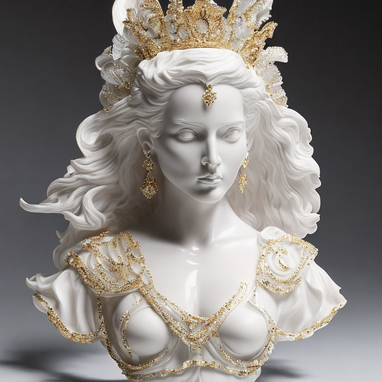 White Woman Bust Sculpture with Gold and White Headdress and Regal Attire