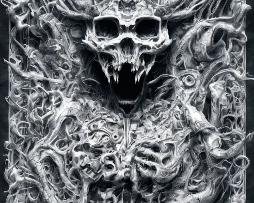 Monochromatic skull art with ghostly figures and swirling patterns