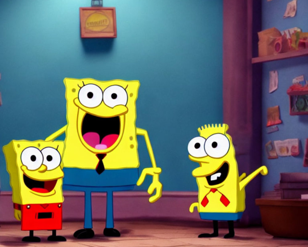 Three Smiling SpongeBob Characters in Indoor Setting