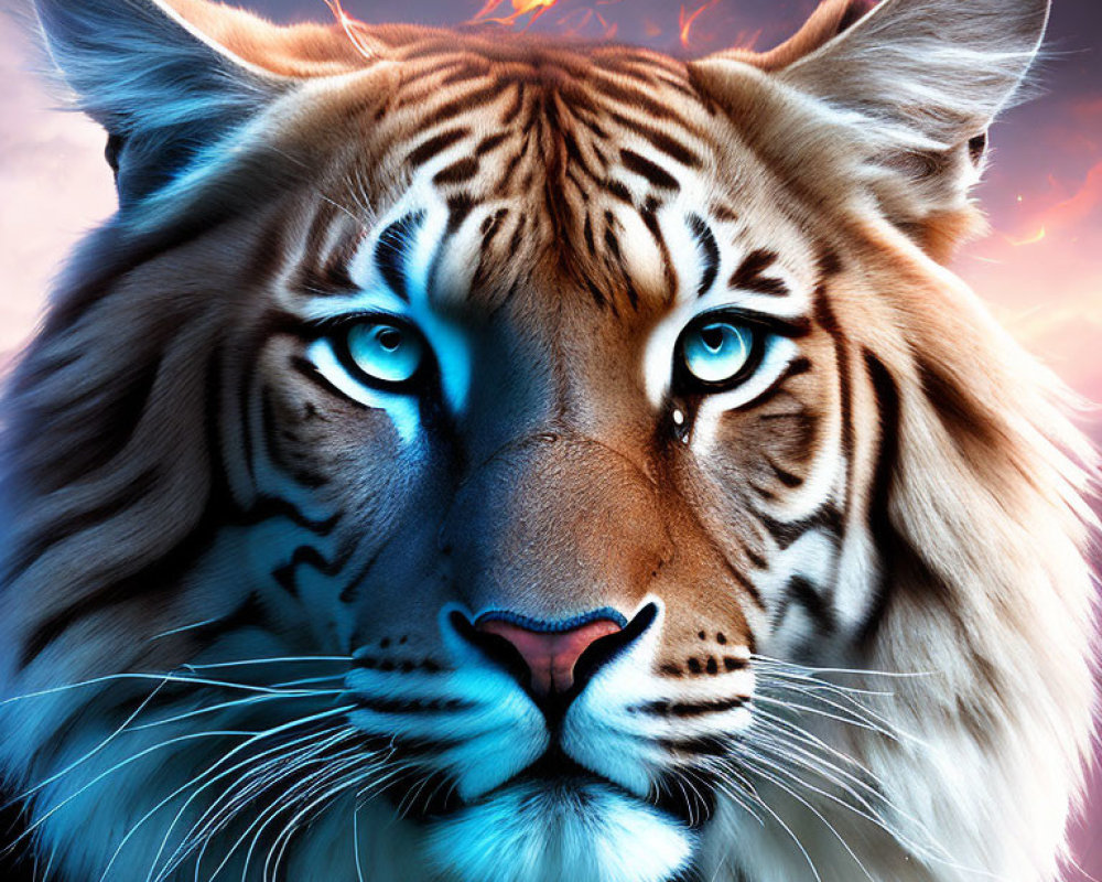 Digital artwork: Tiger with blue eyes and fiery crown in celestial setting