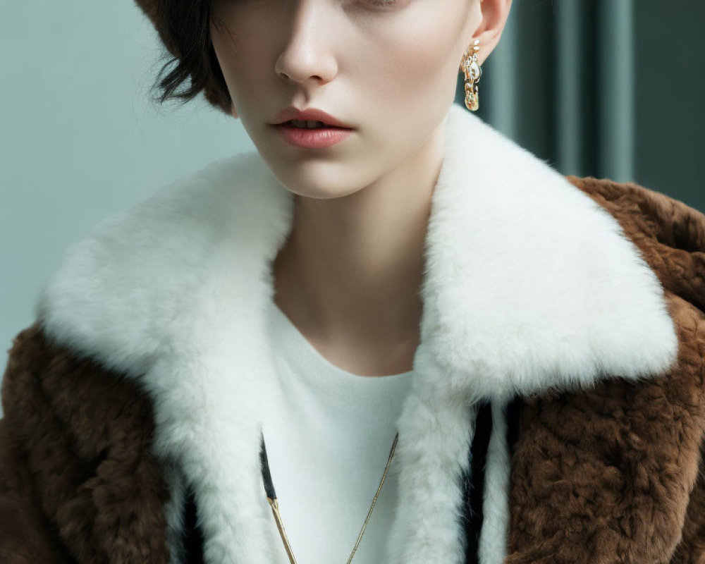 Fashionable person in white and brown fur coat with gold necklace and stylish earring gazes at camera