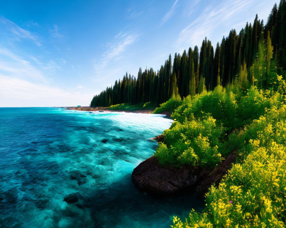 Scenic Coastal Landscape with Greenery, Turquoise Waters, and Blue Sky