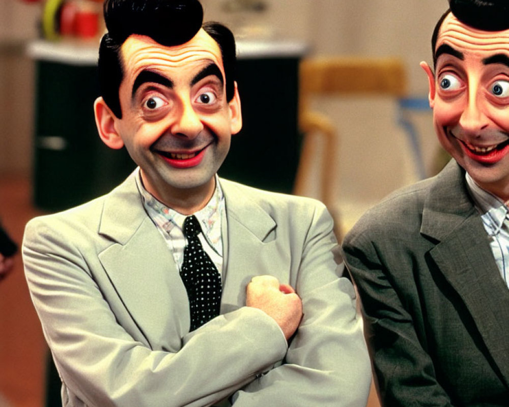 Identical figures in grey suits with expressive faces in kitchen setting