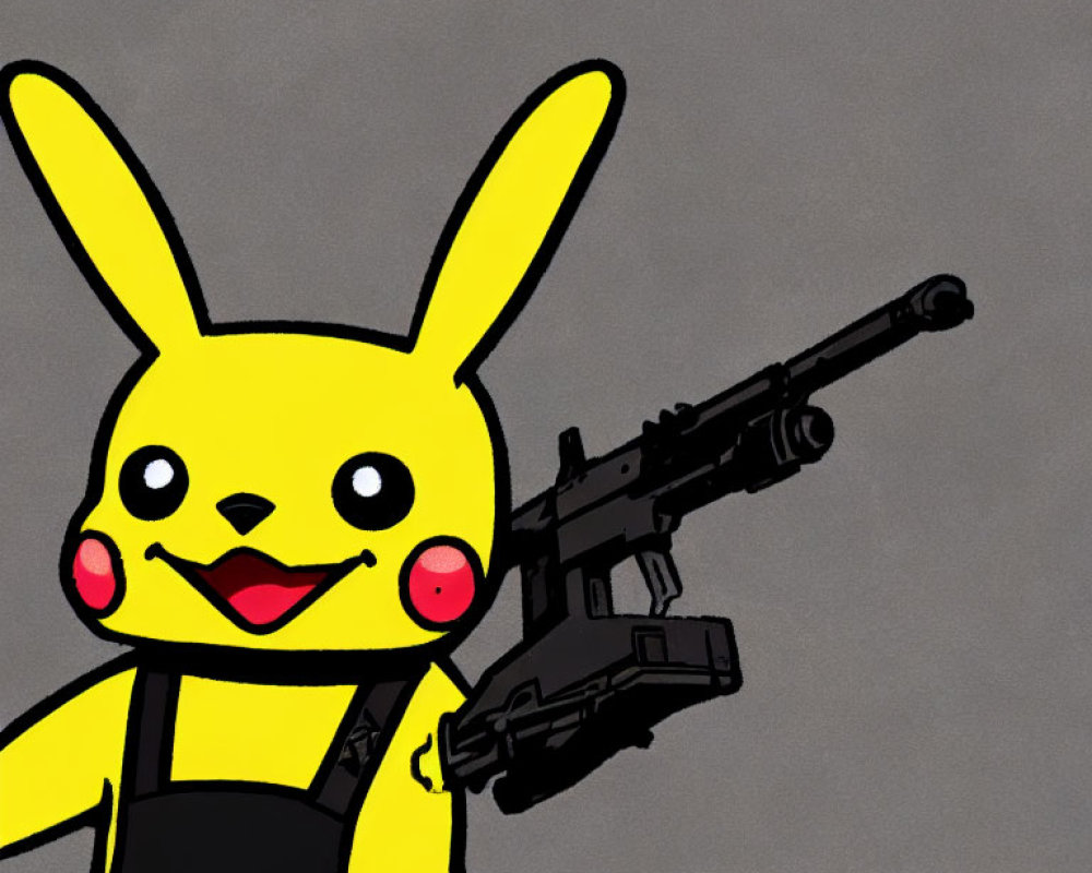 Yellow Pikachu with sniper rifle on gray background