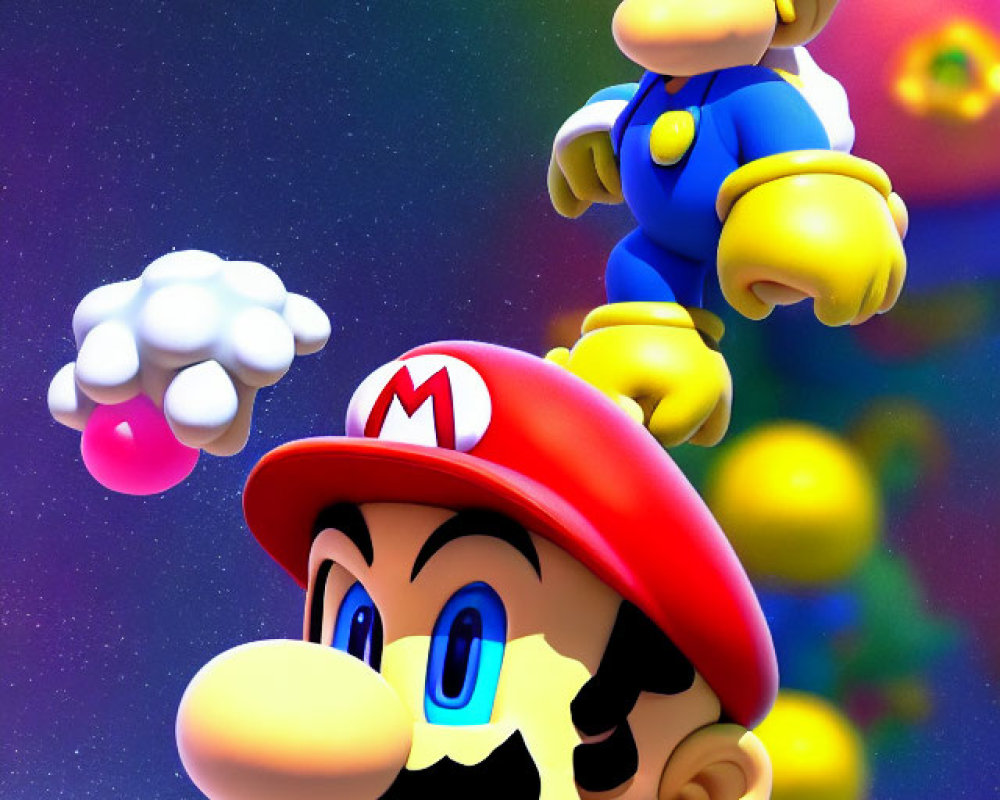 Vibrant Mario and Luigi characters in cosmic setting with power-ups