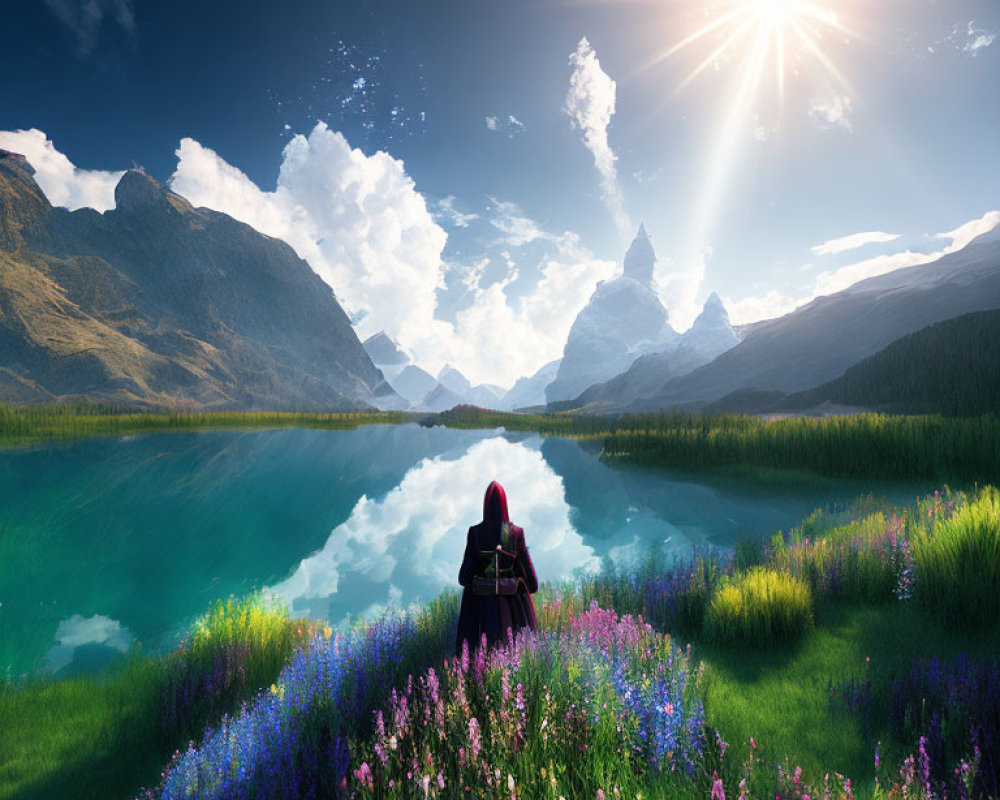 Person in Red Cloak by Serene Lake with Vibrant Flowers and Majestic Mountains Under Radiant