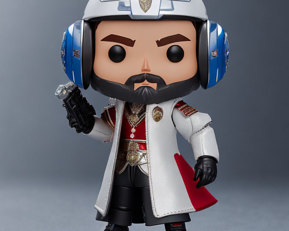 Character figurine with white helmet, beard, decorated jacket, and red book on gray background