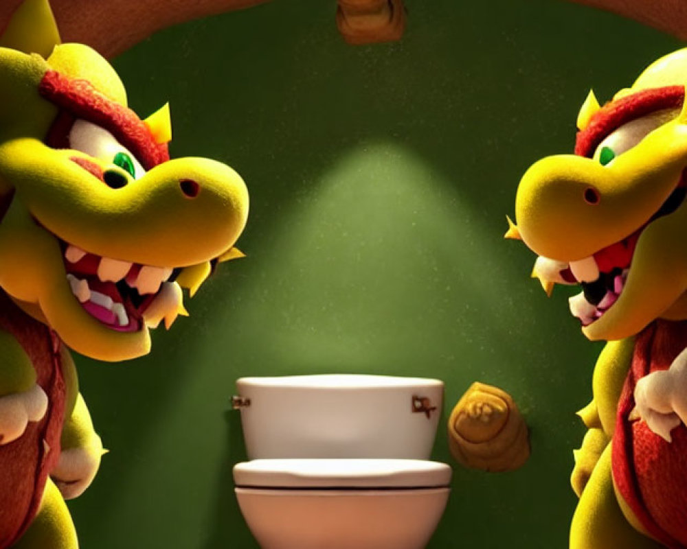 Animated dinosaurs with toilet in sandy backdrop and floating coins