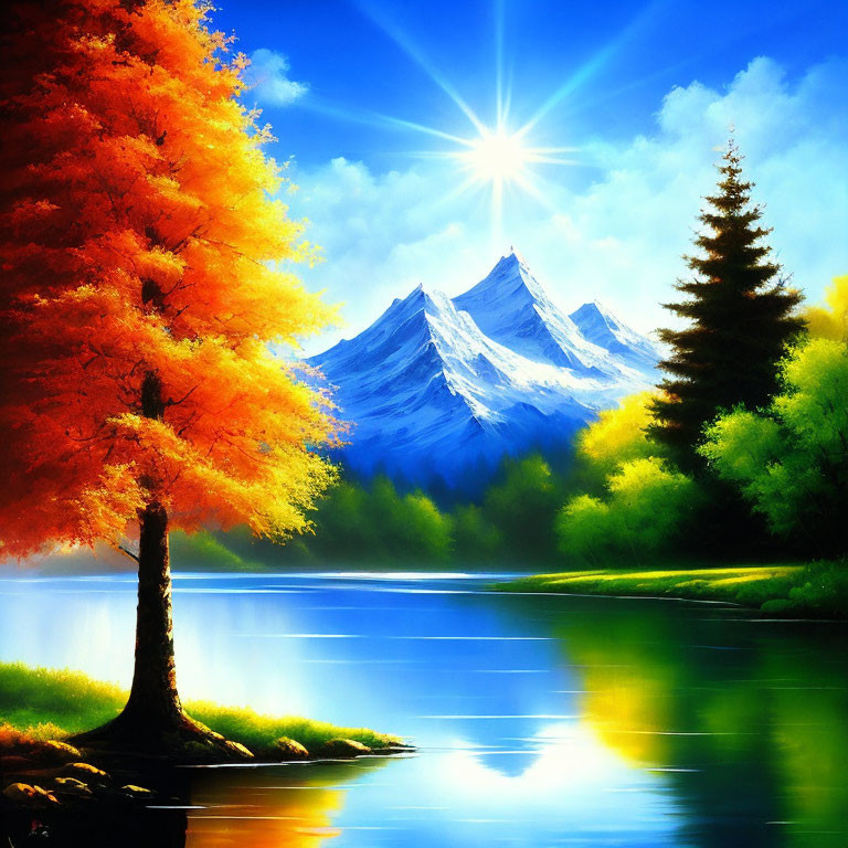 Colorful Autumn Tree, Pine, Water, & Mountains Under Starry Sky