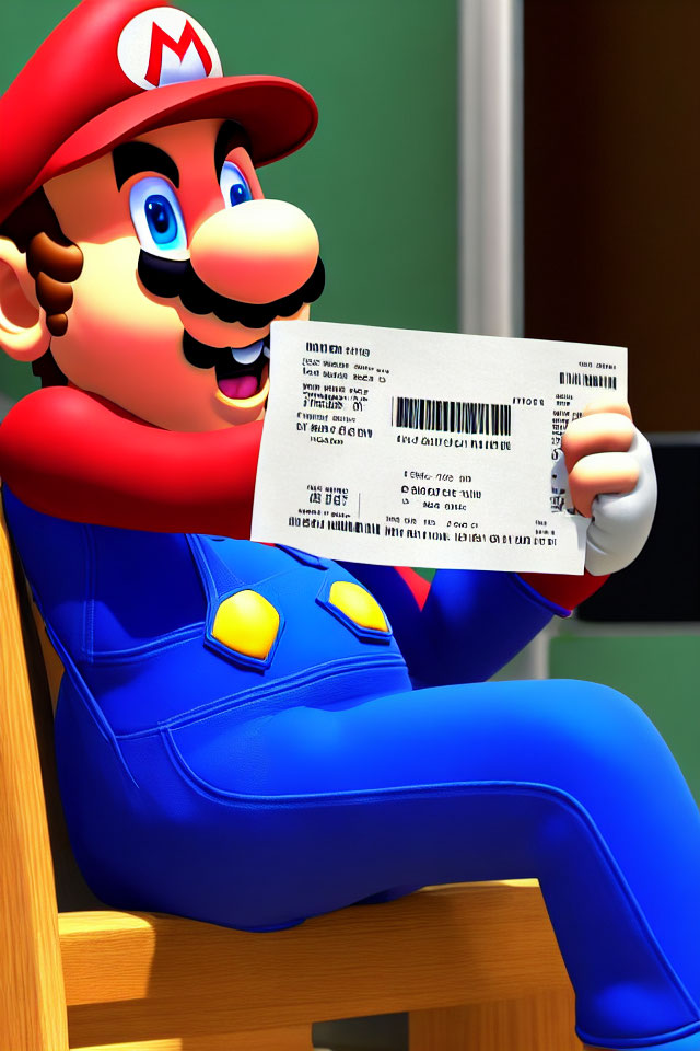 Animated character in blue overalls and red shirt with ticket on wooden chair