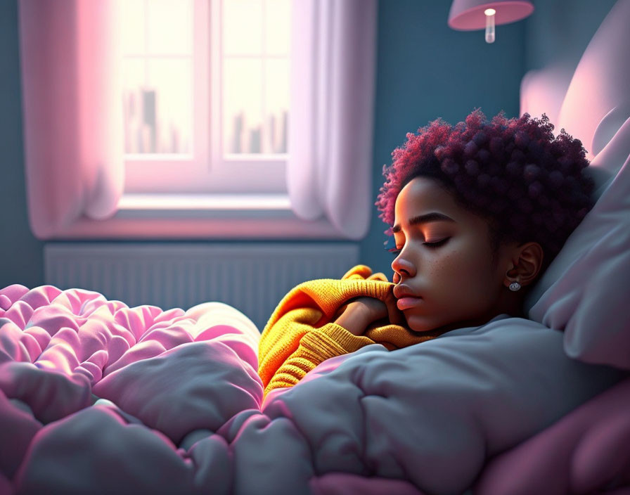 Curly-Haired Girl Sleeping Peacefully in Cozy Bed