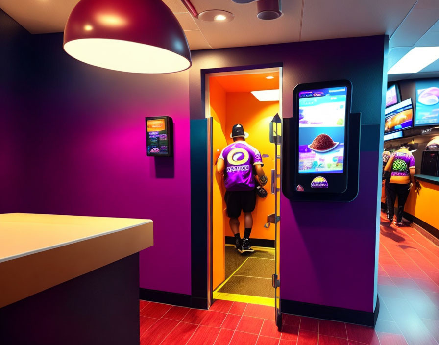 Colorful fast-food restaurant interior with purple walls, digital menus, and cyclist customer.