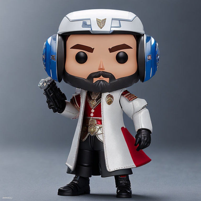 Character figurine with white helmet, beard, decorated jacket, and red book on gray background