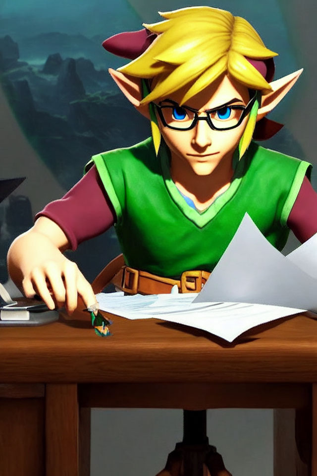 Pointy-eared animated character in green garb studies papers at desk, with miniature version beside him