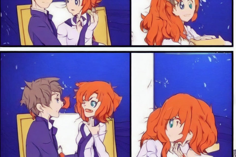 Anime-style four-panel comic with red-haired boy and girl in playful interactions