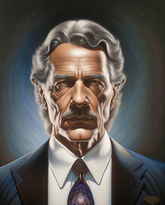 Illustrated portrait of stern man with white hair, suit, tie, dramatic lighting