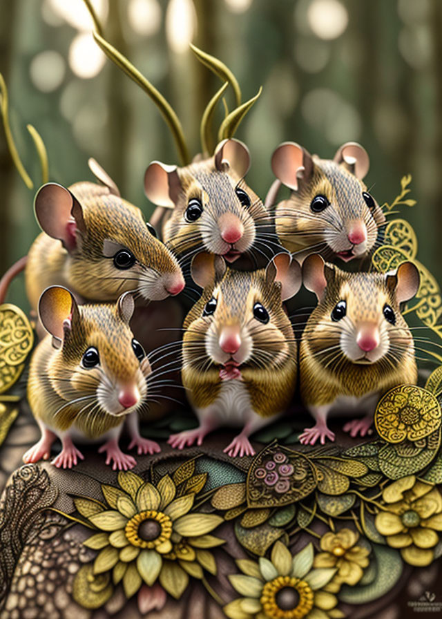 Seven illustrated mice on floral motifs with bokeh background.