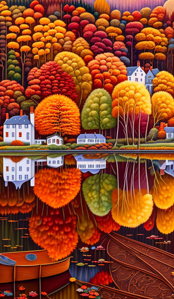 Colorful autumn landscape with trees, houses, and boat by calm water