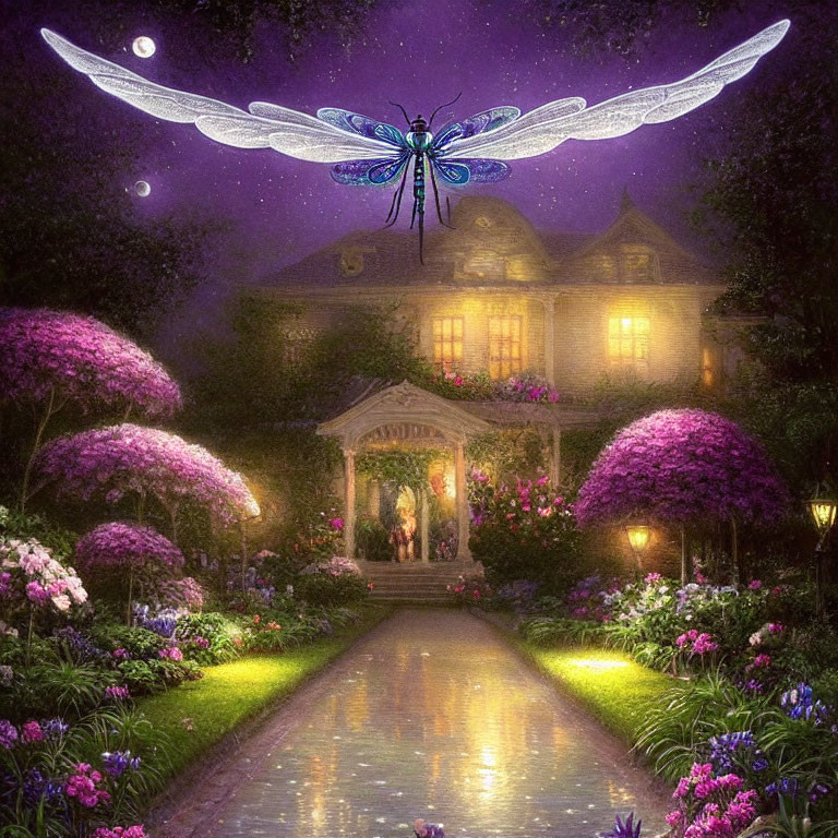 Ethereal night scene with majestic dragonfly, flowers, grand house