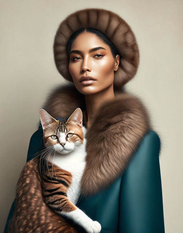 Woman with Striking Makeup Holding Tabby Cat in Large Fur Collar