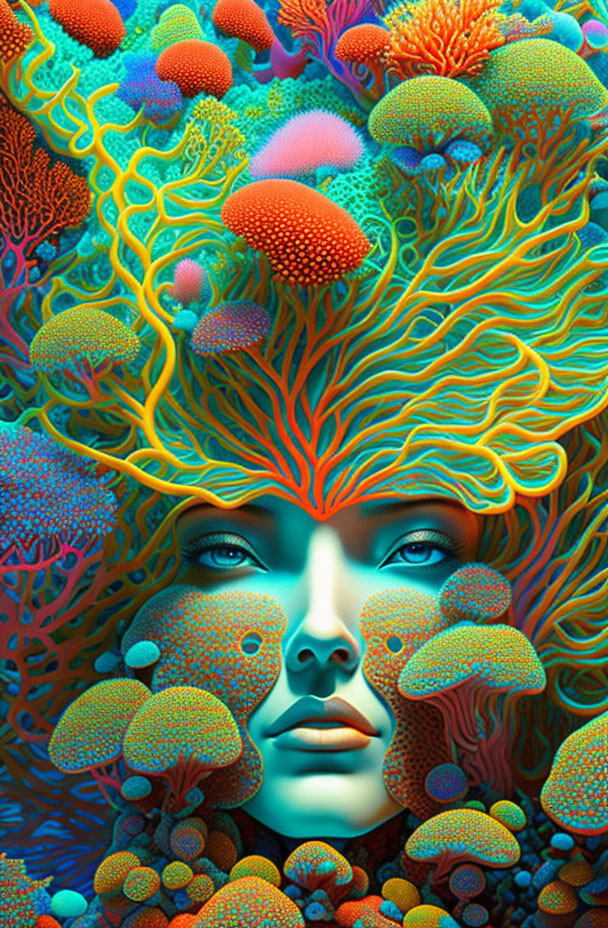 Colorful digital art: Face in surreal landscape