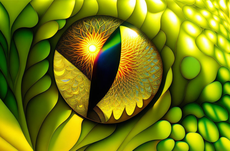 Colorful digital artwork: intricate eye shape with fractal patterns and bright light on green leaf background