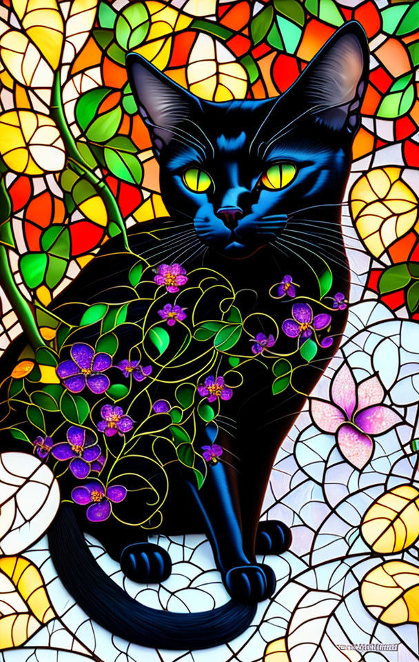 Colorful Black Cat Artwork with Yellow Eyes and Floral Details