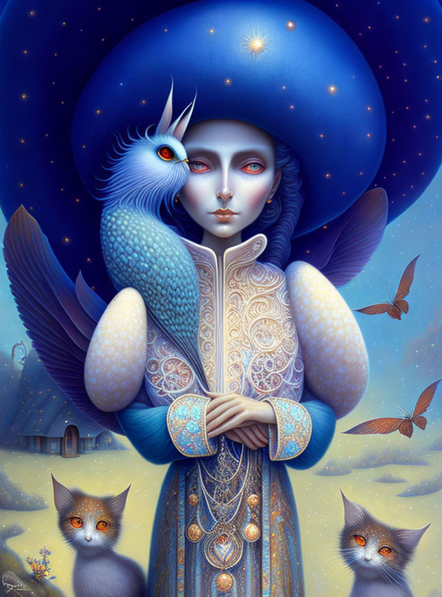 Mystical celestial figure with blue owl headpiece, surrounded by stars and owl-like creatures