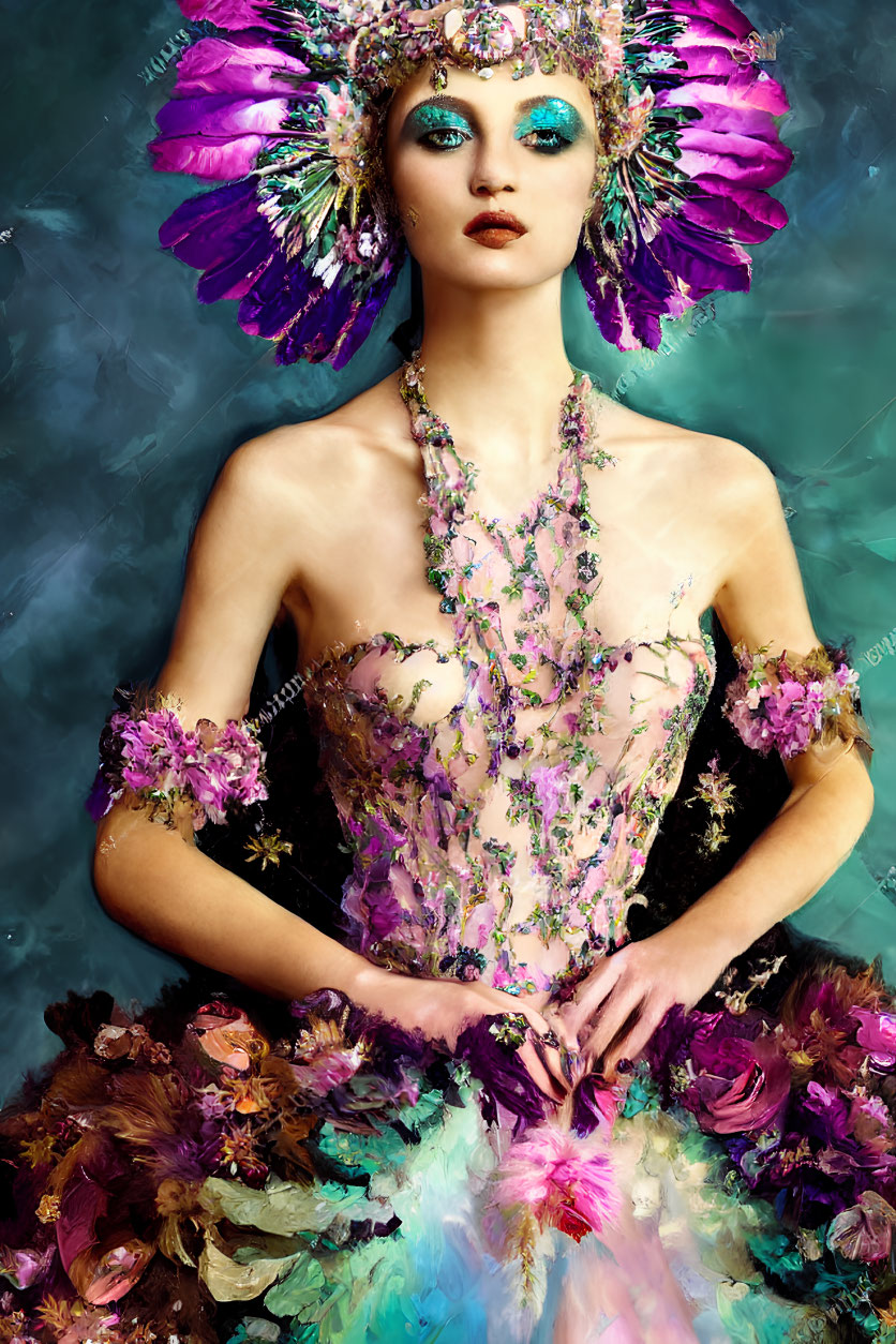 Colorful Woman in Floral Costume with Ornate Headpiece and Dramatic Makeup on Abstract Background