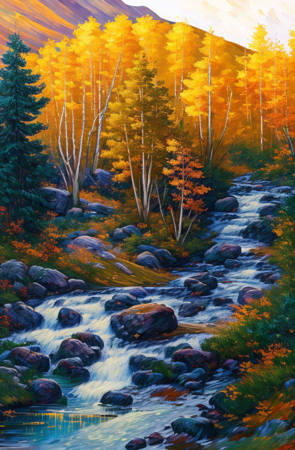 Scenic autumn landscape with stream, golden foliage, rocks, and trees