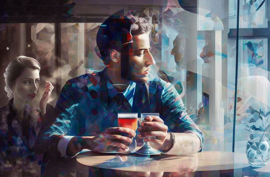 Man with Drink in Café Overlaid with Woman's Face and Urban Scenery