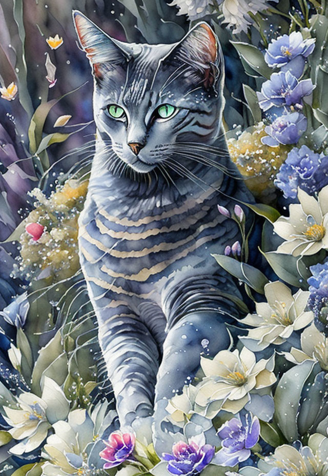 Grey Striped Cat with Green Eyes Surrounded by Blooming Blue, Purple, and White Flowers