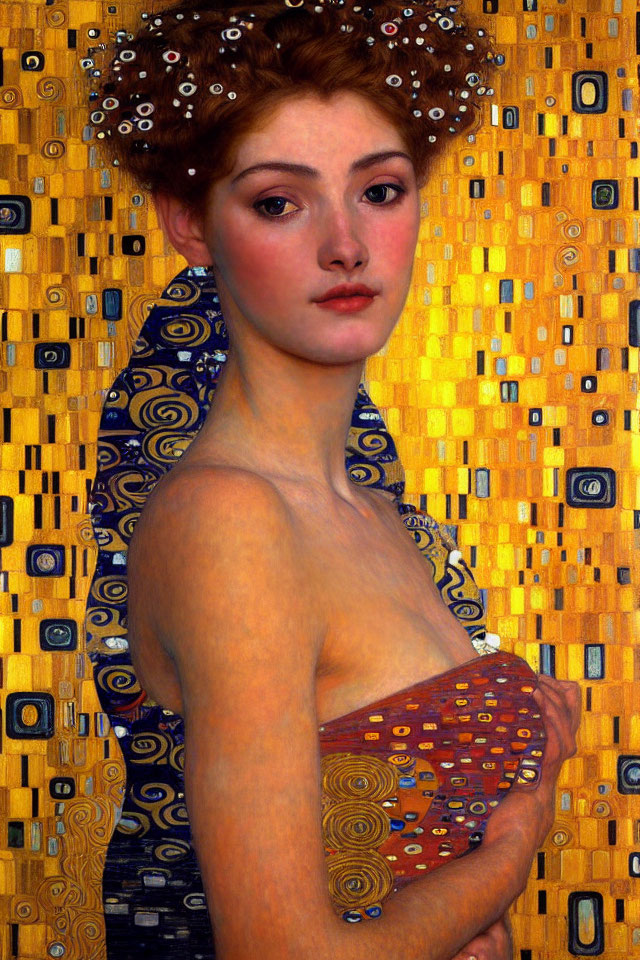 Portrait of woman with auburn hair and fair skin on gold and blue patterned background in Gust