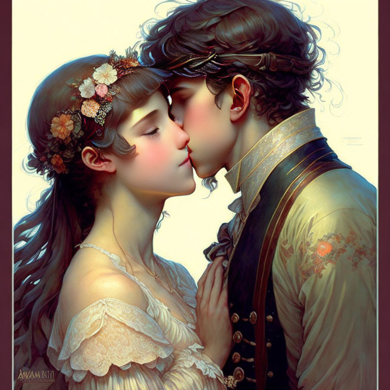 Vintage couple illustration: Embracing kiss in floral attire