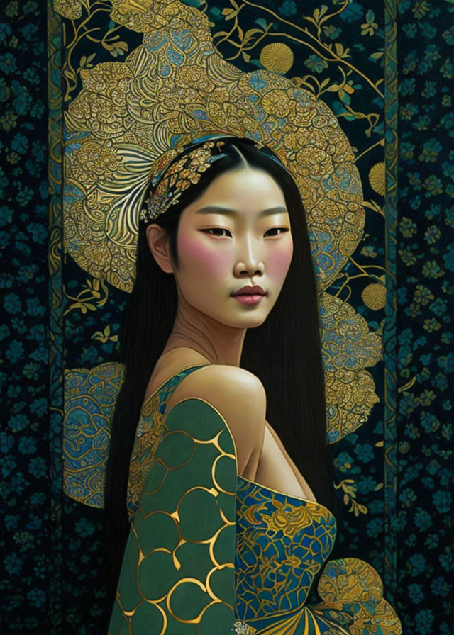 East Asian woman with decorative headband on gold and blue floral background