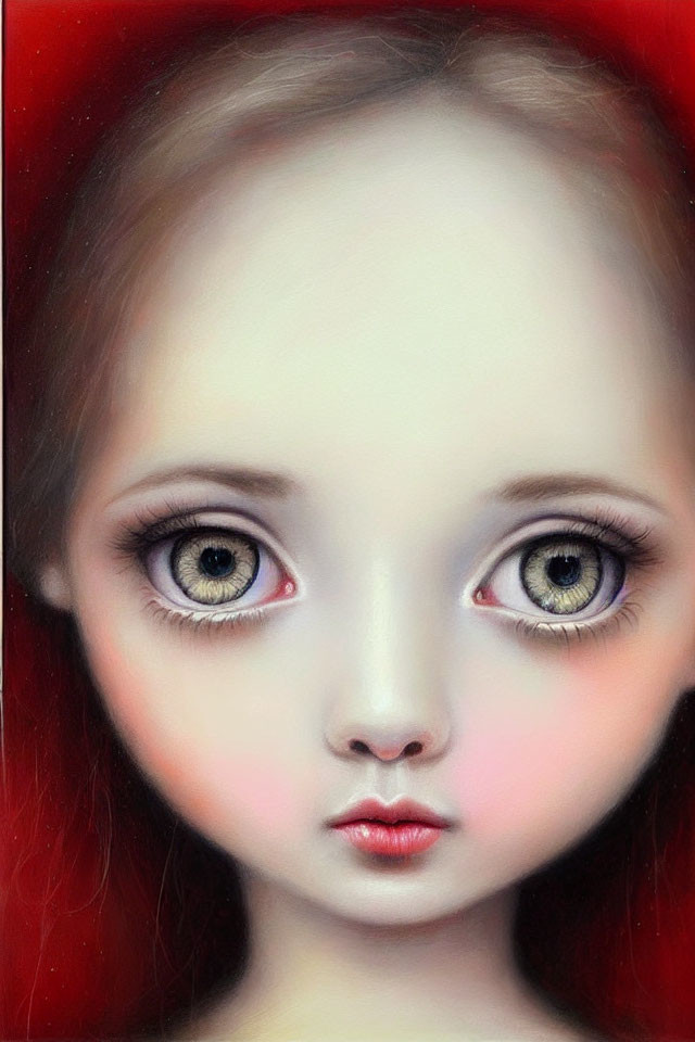 Stylized portrait of girl with large eyes, pale skin, and red hair on red-black gradient