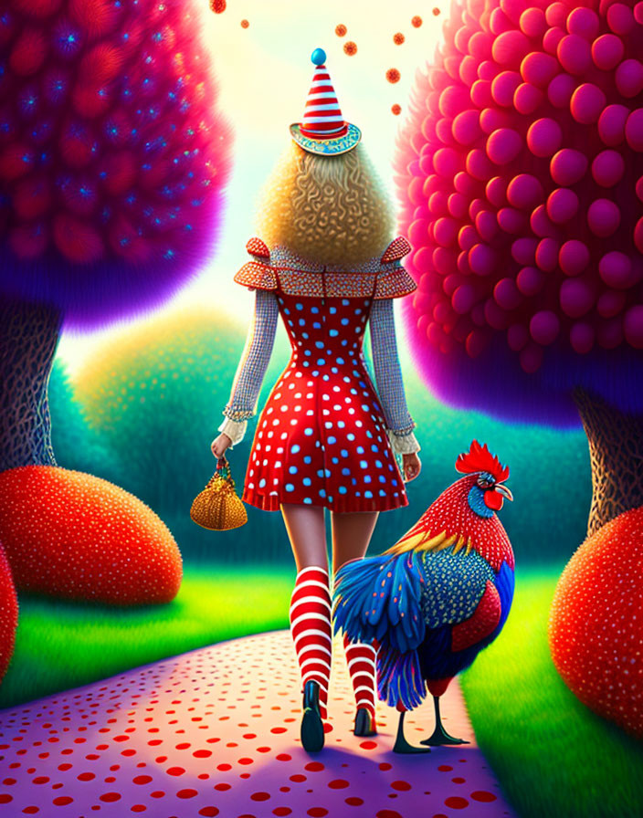 Colorful Rooster and Woman in Polka-Dot Dress in Whimsical Fantasy Landscape