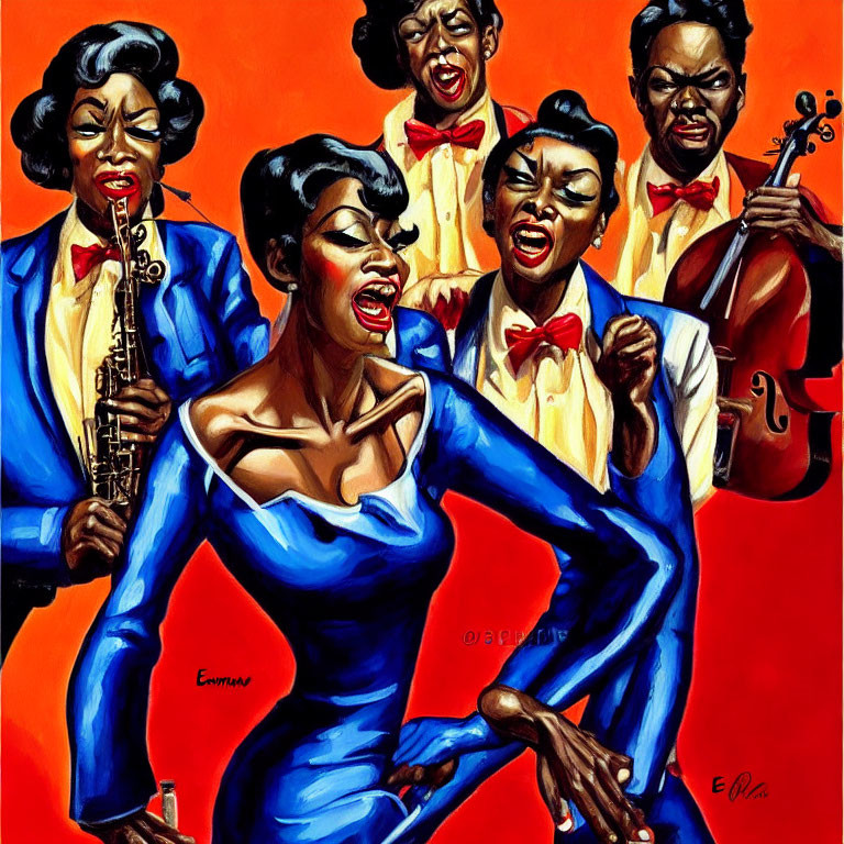 Colorful Jazz Ensemble Artwork Featuring Singer, Saxophonist, Vocalists, and Bass Player