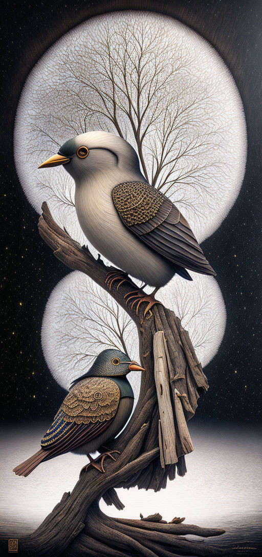 Stylized birds on twisted branches with moon-like glow and starry sky