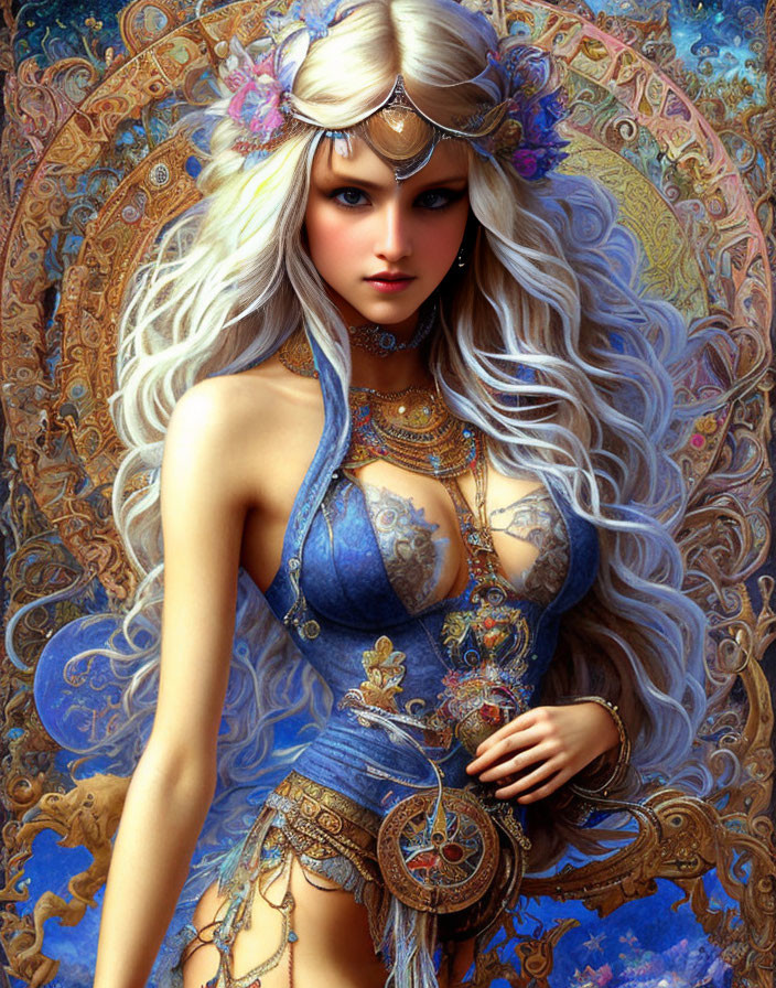 Fantasy Female Character with White Hair and Floral Headpiece in Blue and Gold Garments