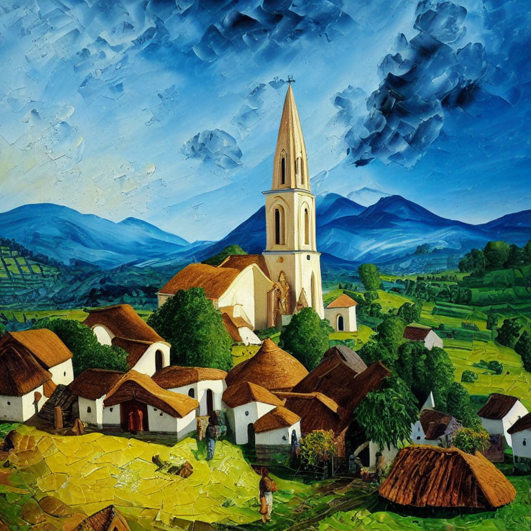 Scenic village painting with church tower and thatched-roof cottages