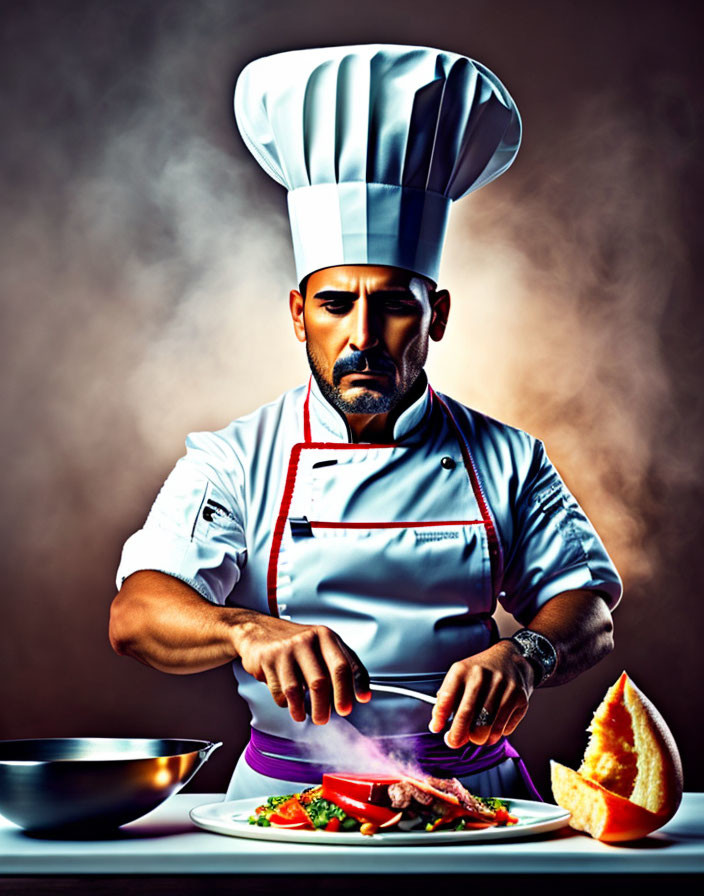 Professional chef garnishing dish with steam, orange, and skillet.