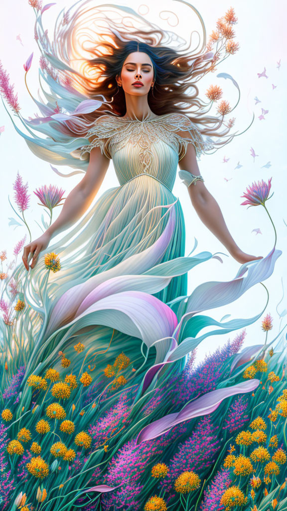 Levitating woman in flowing dress surrounded by vibrant flowers