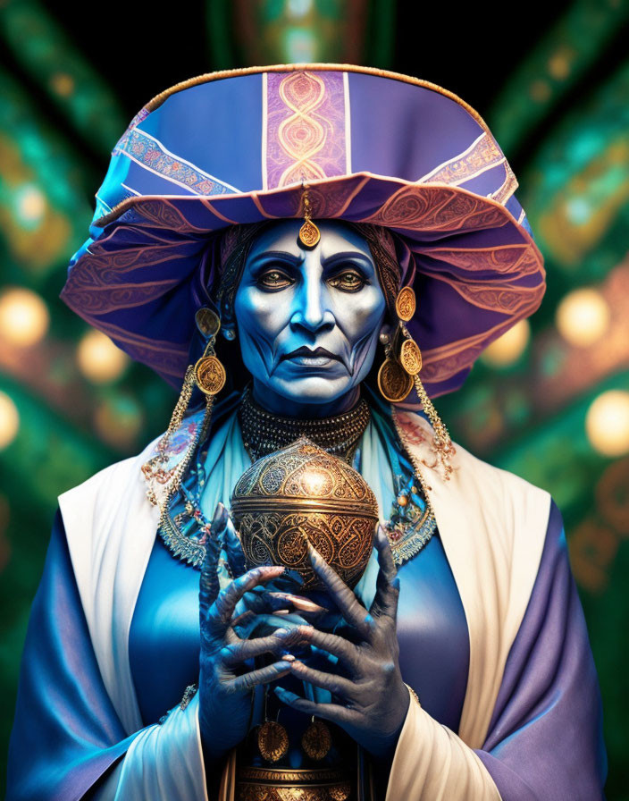 Elaborate fantasy makeup and costume with blue skin and gold adornments