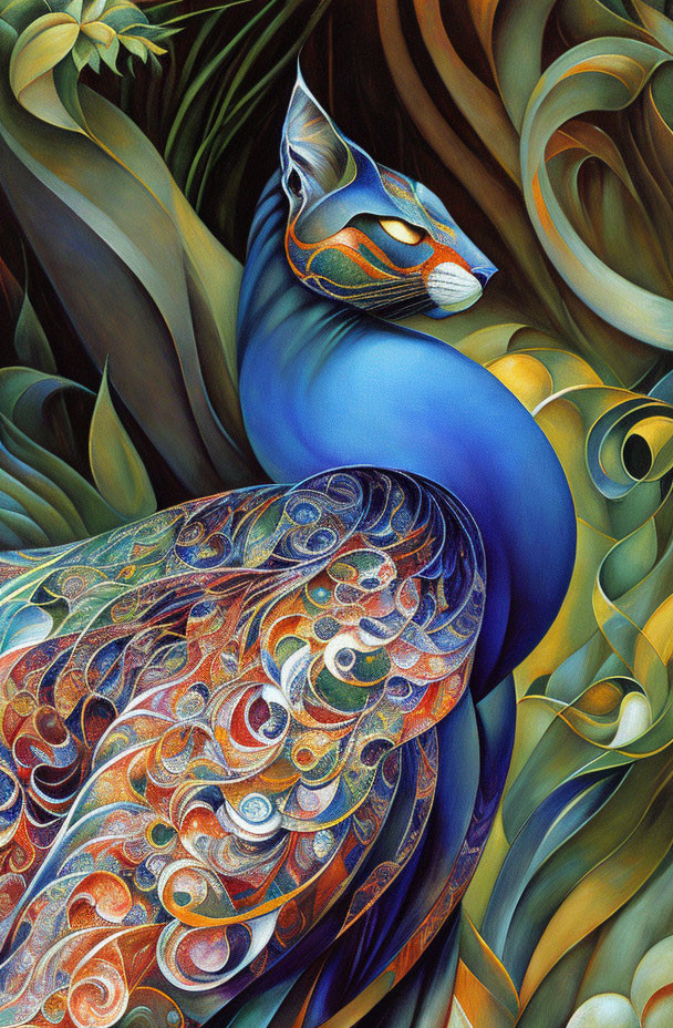 Blue peacock with colorful feathers in stylized art.