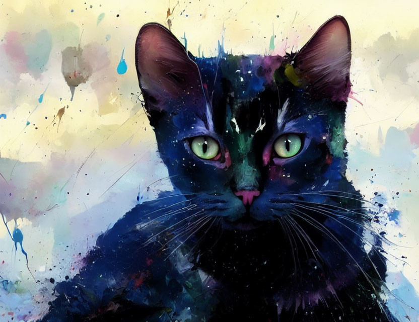 Vibrant cat art with splattered paint background in blue, pink, and yellow