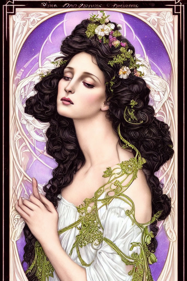 Art Nouveau Woman Illustration with Dark Hair and Floral Adornments