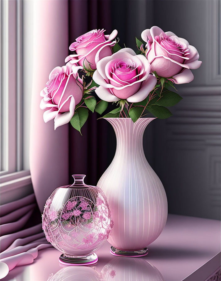 Pink roses bouquet in white vase with pink glass ball on reflective surface.